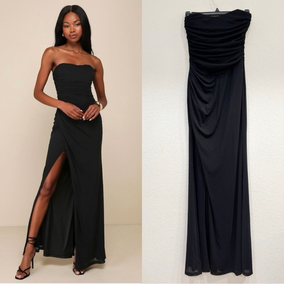 Size M - NWOT Lulus Epitome of‎ Allure Black Mesh Strapless Ruched Maxi Dress - Picture 1 of 9